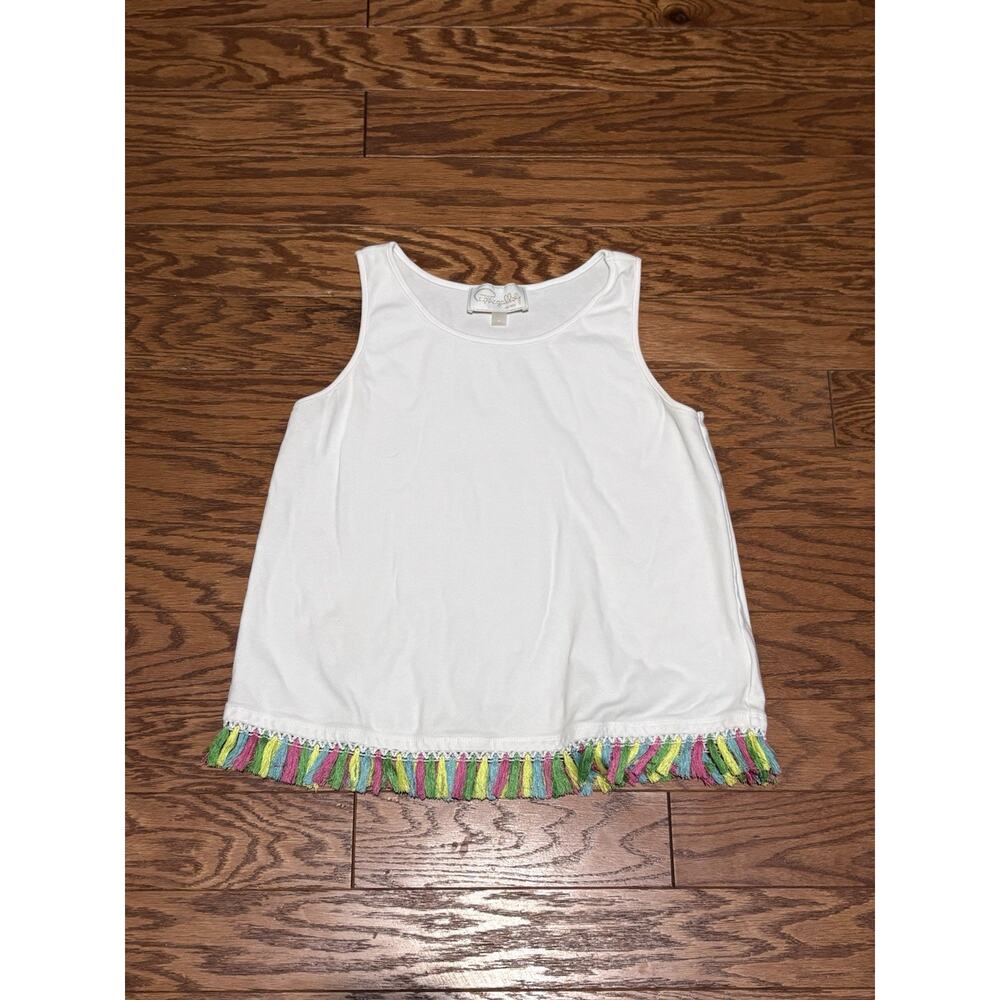 Papagallo Women's White Colorful Frayed Sleeveless Tank Top, Sz M